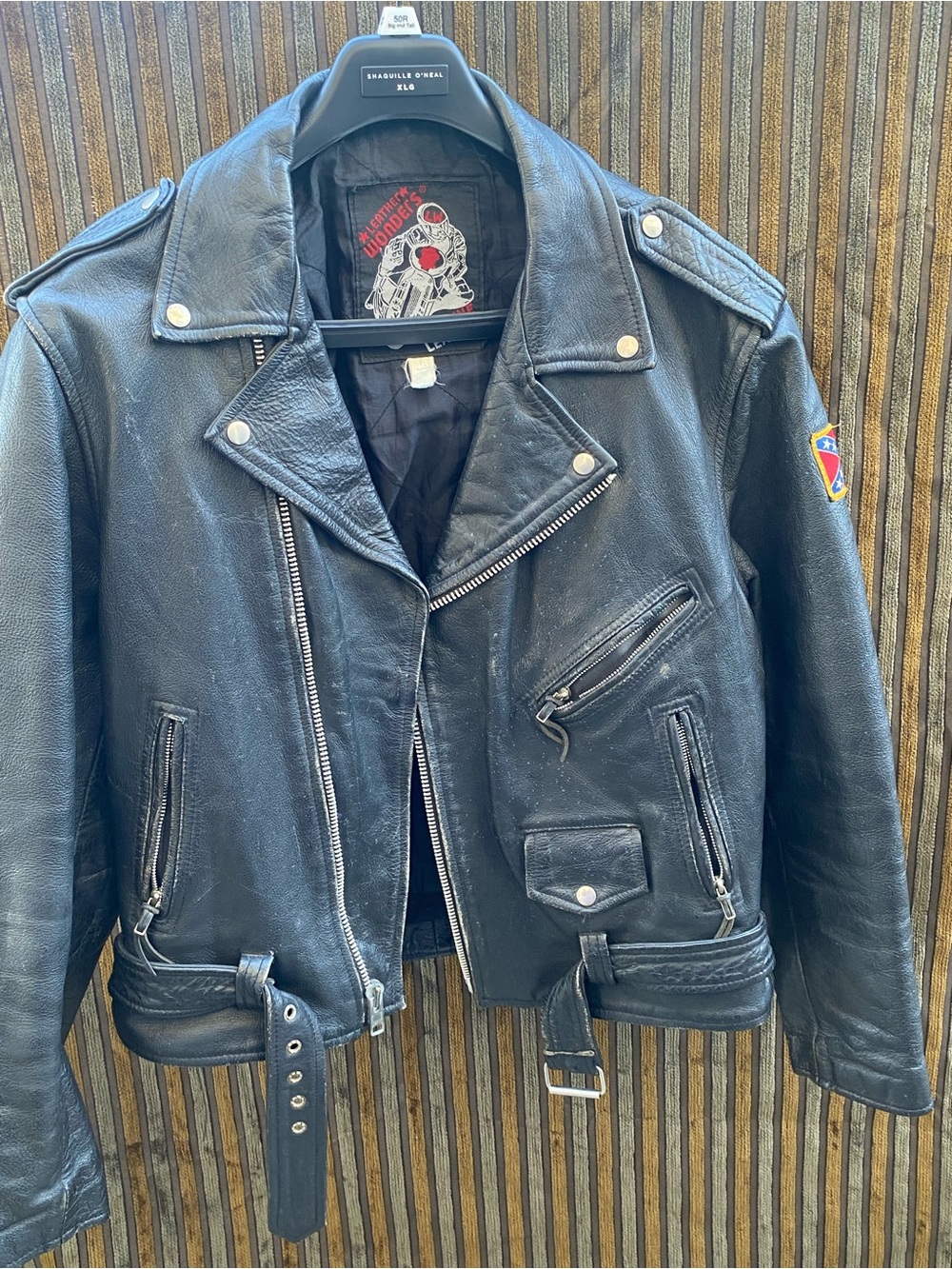 Black Leather Biker Jacket with Patch Detail - by leather wonders